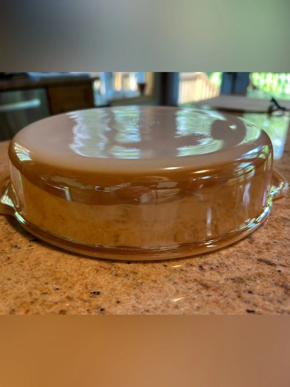 Fire King Peach Lustre Round 1Qt Opalware #447 Baking Dish w/ Handles 8.75” dia.